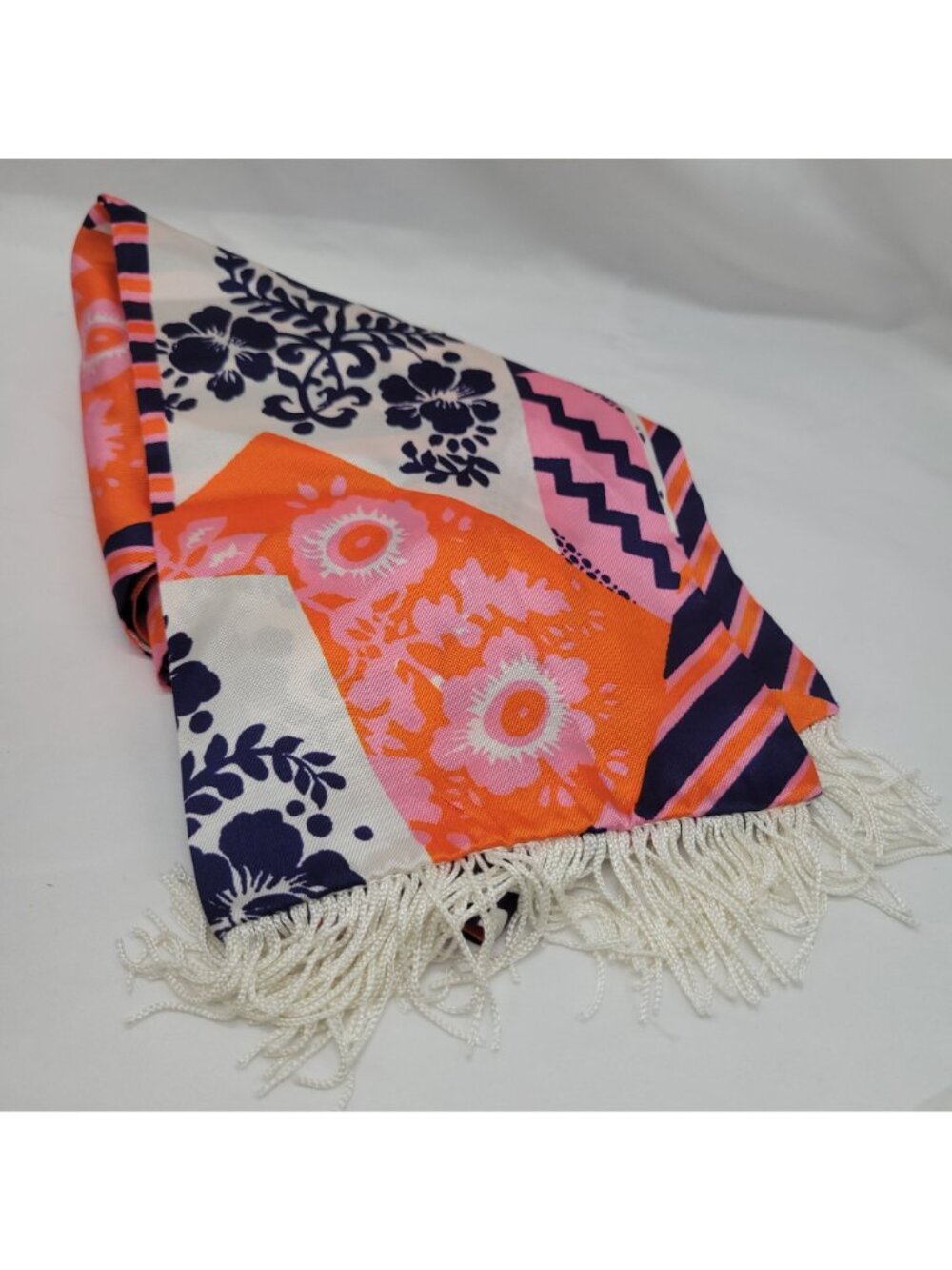 Vtg 60s Orange Purple Pink Patchwork Scarf Fringe Trim 64"x6" Groovy Retro Style - Picture 7 of 15
